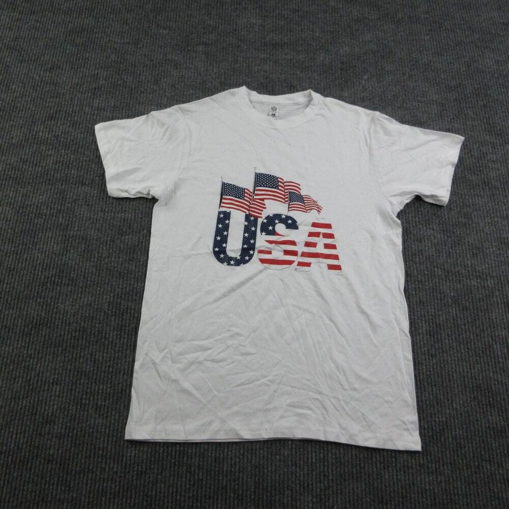 USA Flag Shirt Mens M White Short Sleeve Crew Neck Silver Palm Graphic Tee